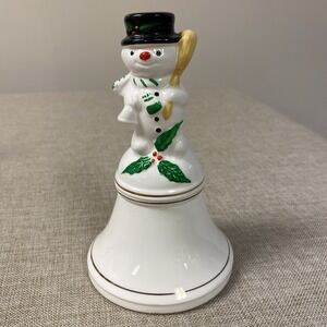 Vintage Frosty Snowman Bell Christmas Holiday Gold Trim